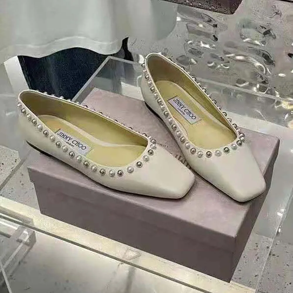Jimmy Choo Mirele Flat Latte Nappa Leather Flats with Pearl Outline for Women
