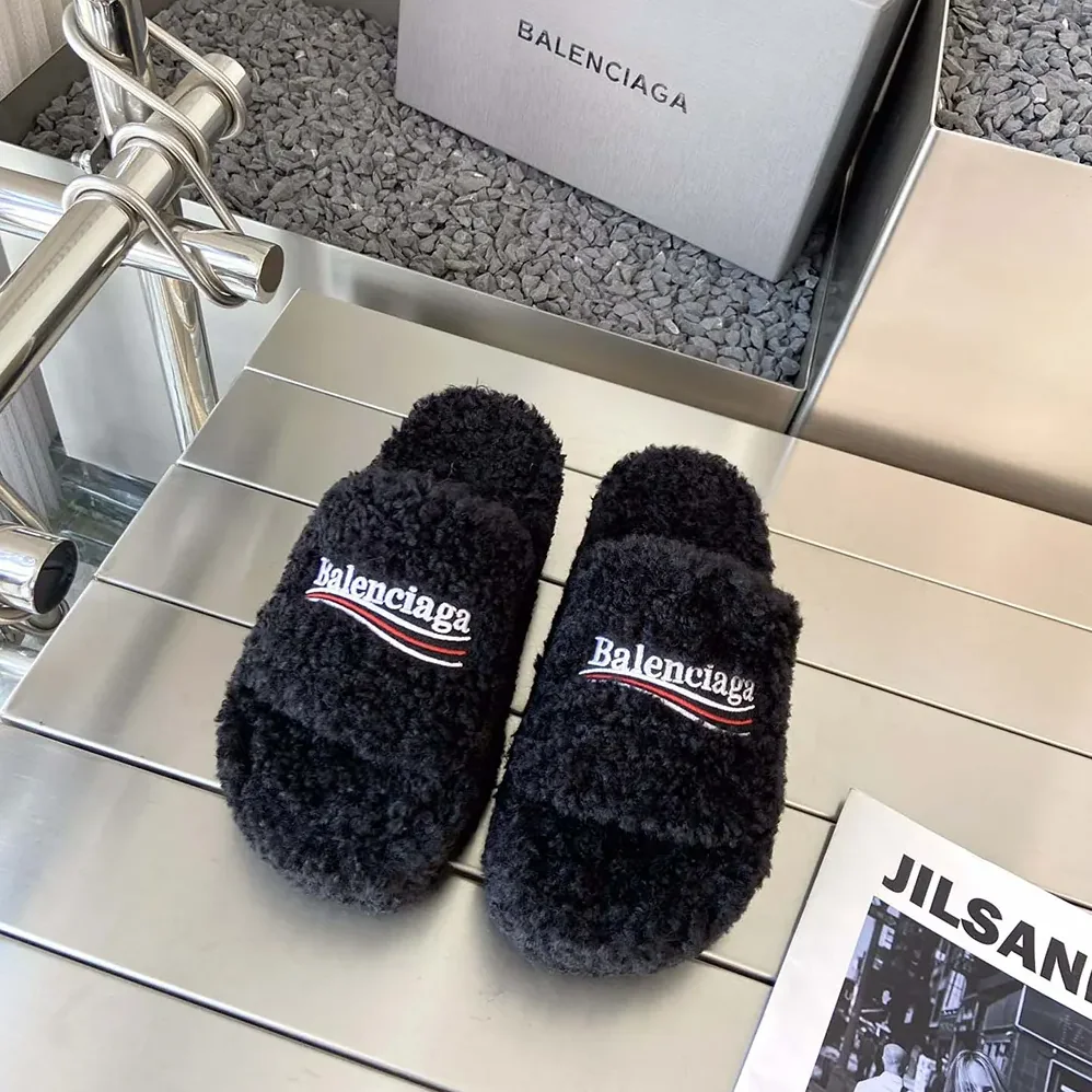 Balenciaga Furry Platform Sandal in Black Fake Shearling for Women Balenciaga Furry Platform Sandal in Black Fake Shearling for Women