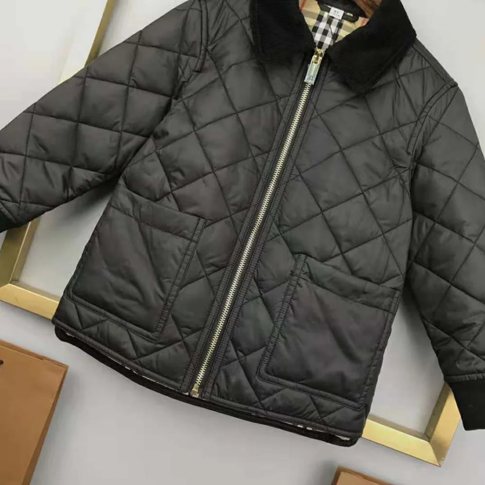 Burberry Kids' Corduroy Collar Diamond Quilted Jacket in Black