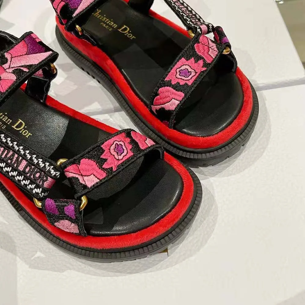 Dior D-wave Sandal Indy Pink Multicolor Cotton with Jardin Indien Embroidery for Women