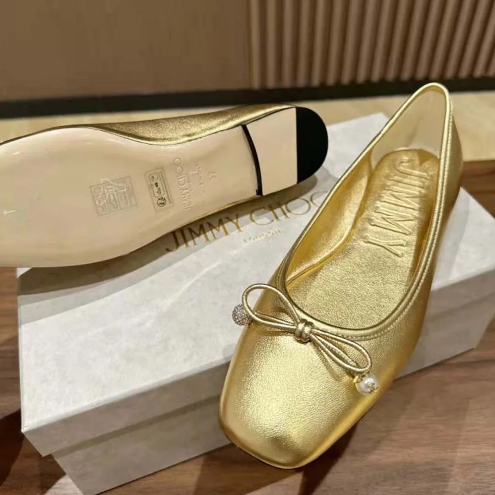 Jimmy Choo Elme Flat Gold Metallic Nappa Leather Flats with Pearl Embellishment for Women Jimmy Choo Elme Flat Gold Metallic Nappa Leather Flats with Pearl Embellishment for Women