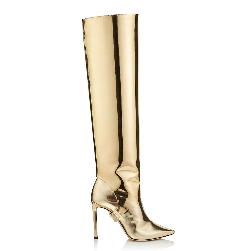 Jimmy Choo Shoes Hurley 100 Gold Liquid Mirror Leather Two for Women in Piece Knee High Booties Jimmy Choo Shoes Hurley 100 Gold Liquid Mirror Leather Two for Women in Piece Knee High Booties