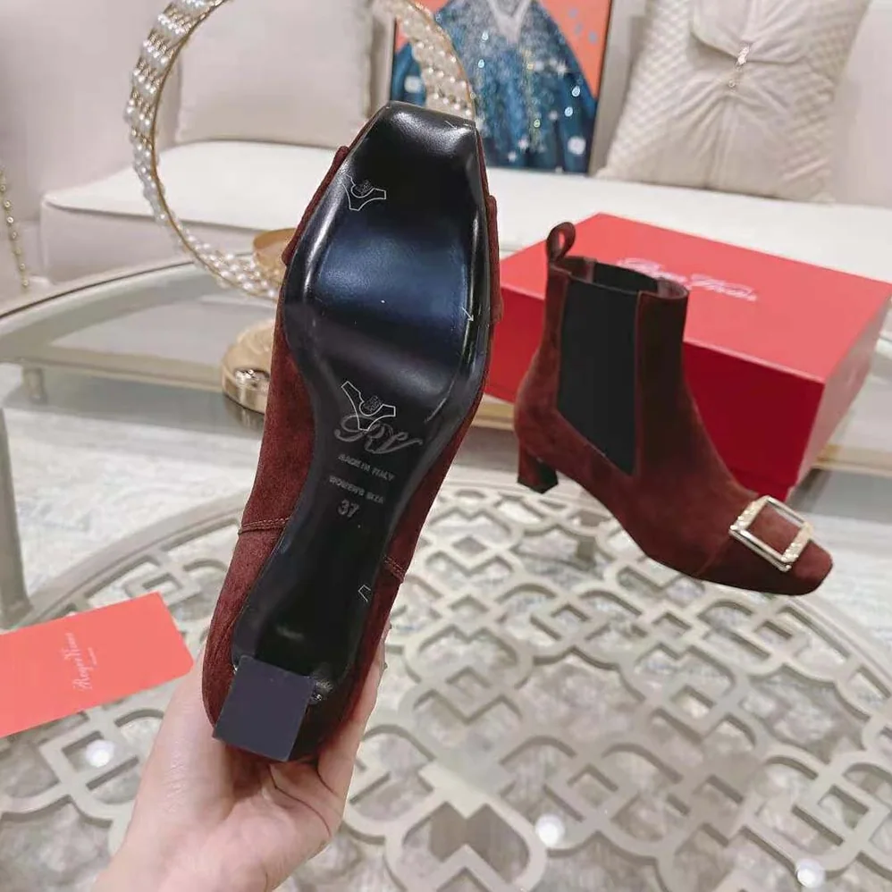 Roger Vivier Trompette Metal Buckle Chelsea Booties in Suede for Women in Maroon Roger Vivier Trompette Metal Buckle Chelsea Booties in Suede for Women in Maroon