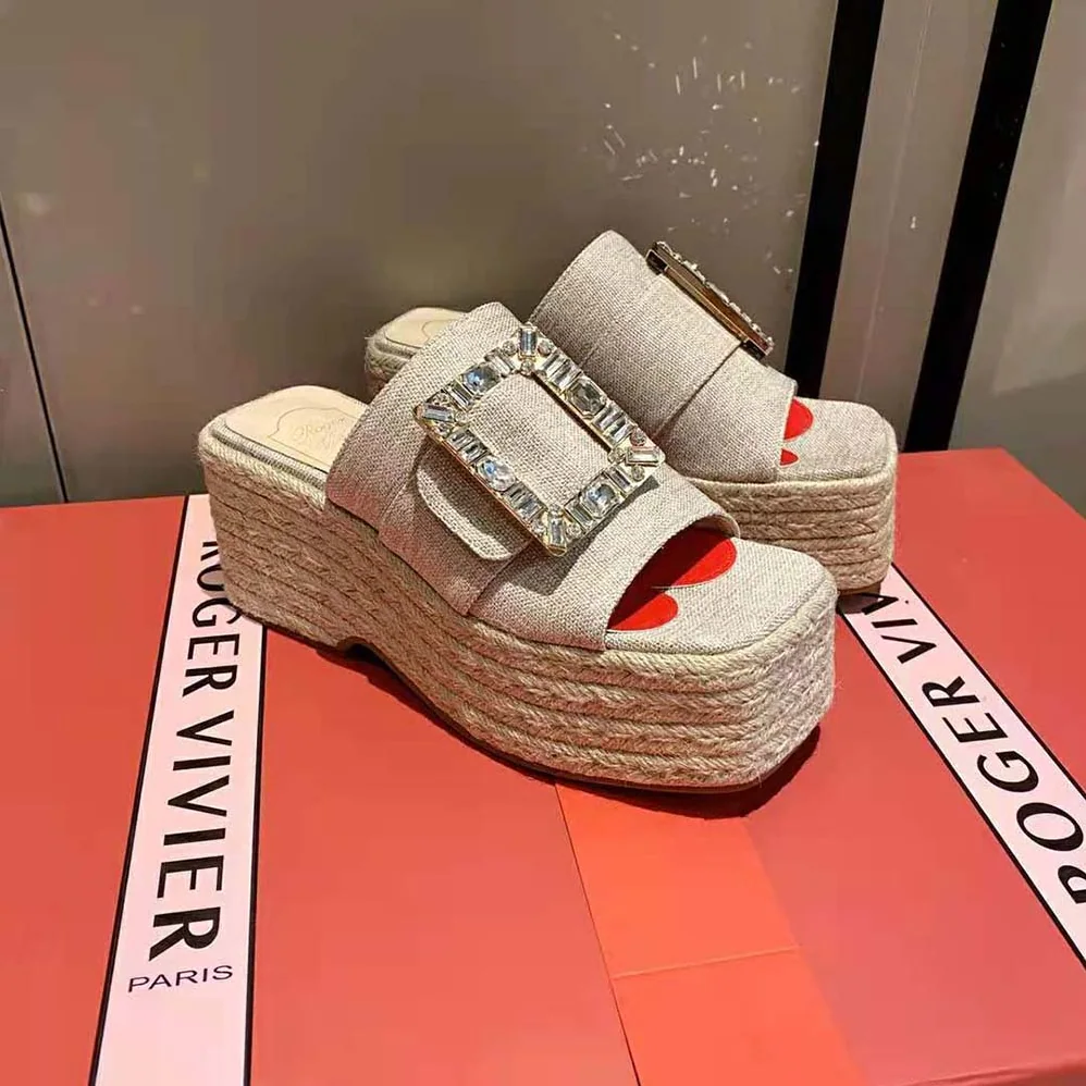 Roger Vivier Strass Buckle Espadrille Platform Mules in Fabrics for Women Roger Vivier Strass Buckle Espadrille Platform Mules in Fabrics for Women