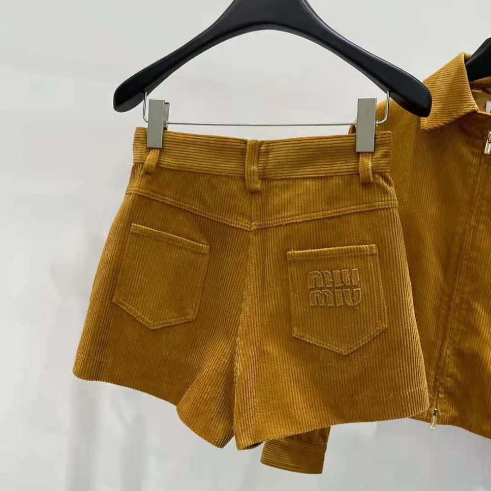 Miu Miu Corduroy Shorts with Embroidered Logo for Women in Brown