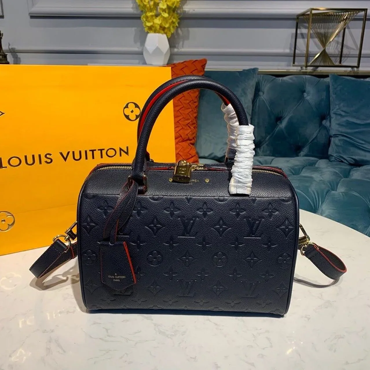 Louis Vuitton Speedy Bandouliere 25 Top Handle Bag / Navy Blue Monogram Empreinte Gold Hardware Louis Vuitton Speedy Bandouliere 25 Top Handle Bag / Navy Blue Monogram Empreinte Gold Hardware