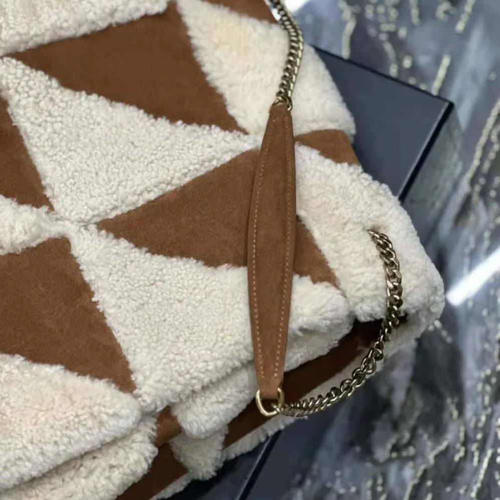 Saint Laurent YSL Jamie Giant Chain Bag “Carré Rive Gauche” in Suede and Shearling Patchwork for Women in Brown Saint Laurent YSL Jamie Giant Chain Bag “Carré Rive Gauche” in Suede and Shearling Patchwork for Women in Brown