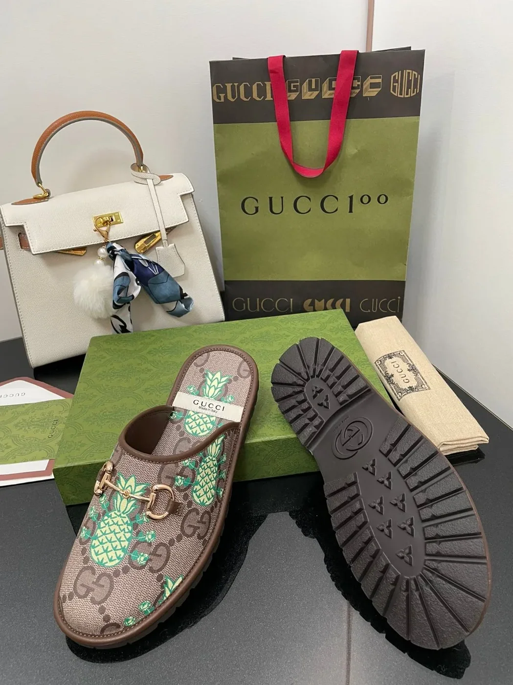 Gucci GG Slipper With Horsebit Brown in Pineapple Print GG Shoes for Men Gucci GG Slipper With Horsebit Brown in Pineapple Print GG Shoes for Men