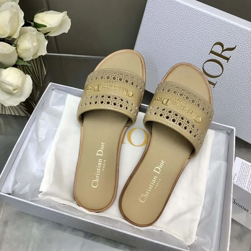 Dior D-Lane Slide Beige Calfskin with Openwork Microcannage Motif for Women Dior D-Lane Slide Beige Calfskin with Openwork Microcannage Motif for Women
