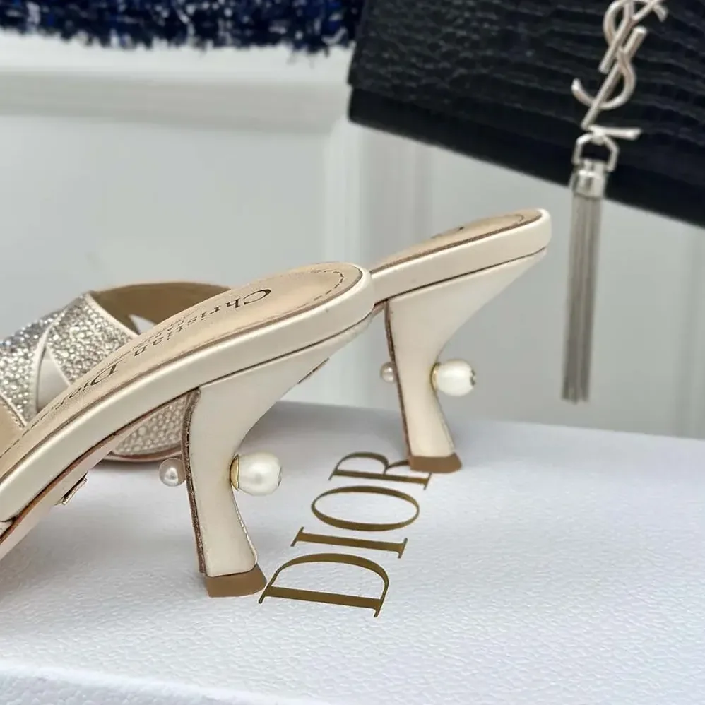 Dior Dior Tribales Heeled Slide Beige Suede Calfskin and Gold for Women in Tone Strass Dior Dior Tribales Heeled Slide Beige Suede Calfskin and Gold for Women in Tone Strass