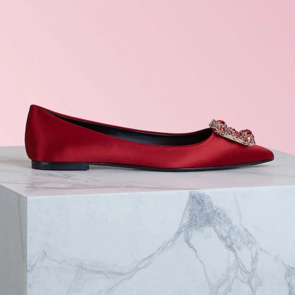 Roger Vivier Flower Strass Buckle Ballerinas Silk Satin for Women in Red
