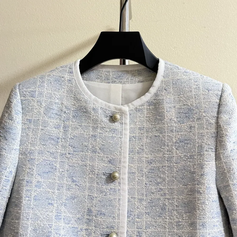 Dior Macrocannage Cropped Jacket Sky Blue Cotton for Women in Blend Tweed Dior Macrocannage Cropped Jacket Sky Blue Cotton for Women in Blend Tweed
