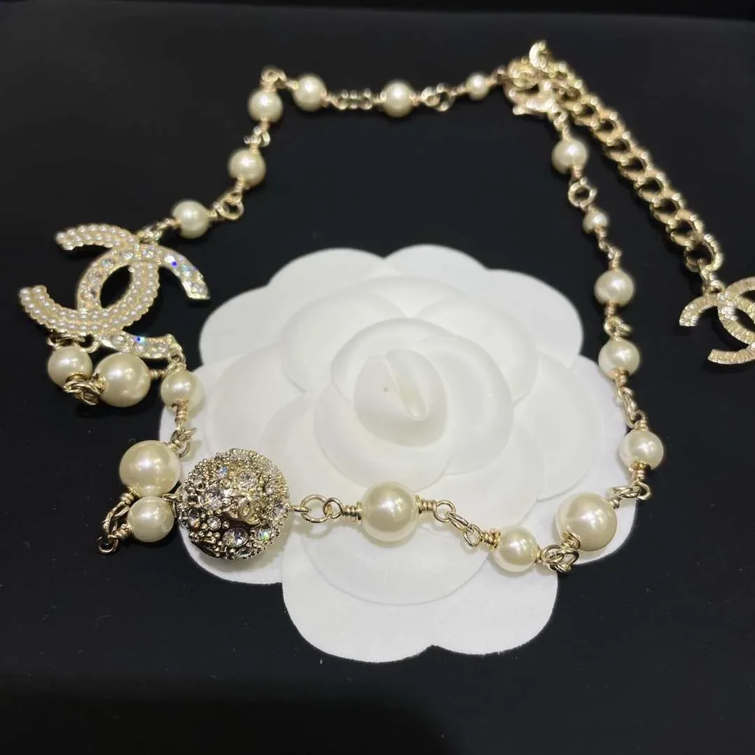 Chanel Round Crystal Pearl Necklace Gold