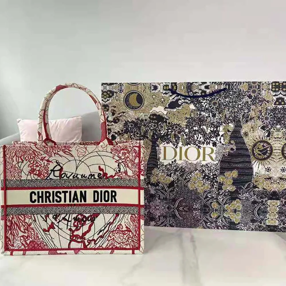 Dior Small Dior Book Tote Red and White D for Women in Royaume D Amour Embroidery