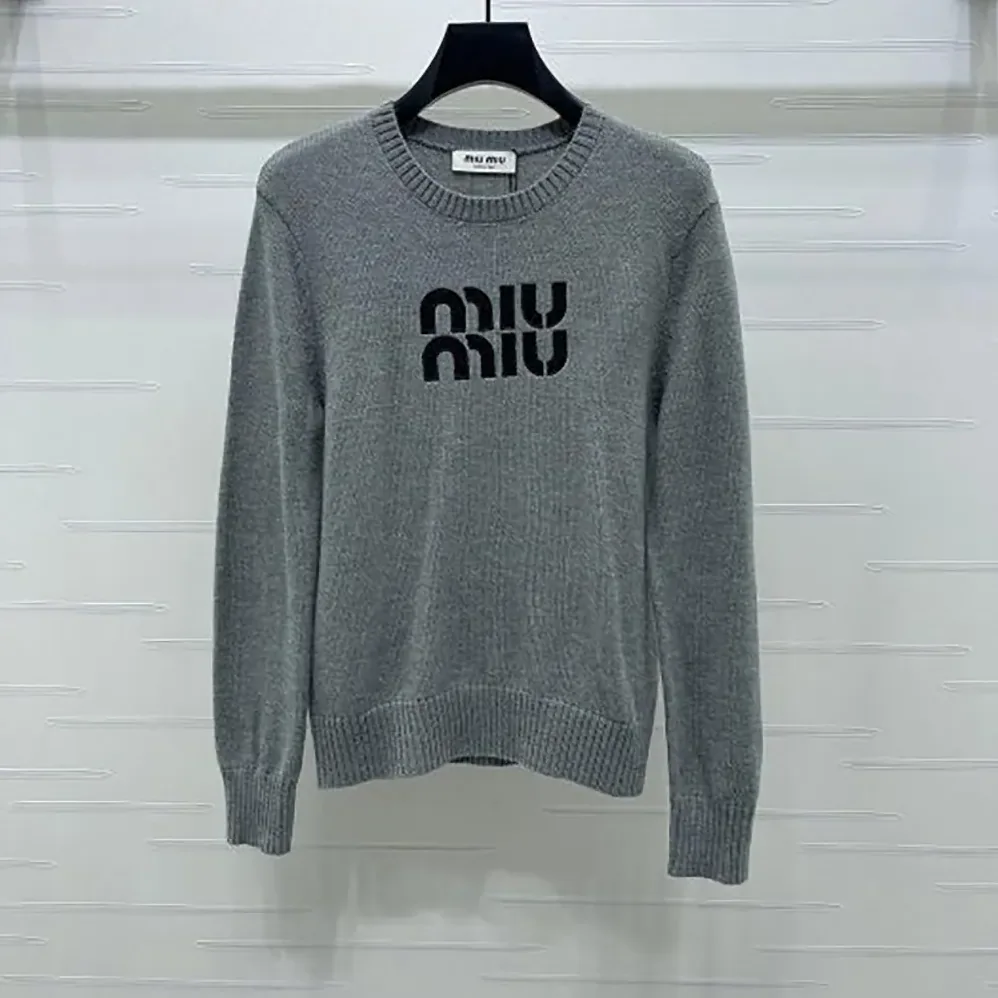 Miu Miu Double Cashmere Sweater with Logo for Women in Grey Miu Miu Double Cashmere Sweater with Logo for Women in Grey