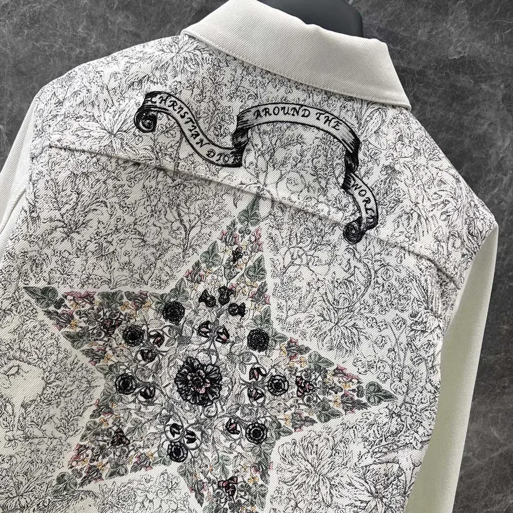 Dior Jacket White Cotton Denim with Gold-Tone Dior Around the World Motif for Women Dior Jacket White Cotton Denim with Gold-Tone Dior Around the World Motif for Women