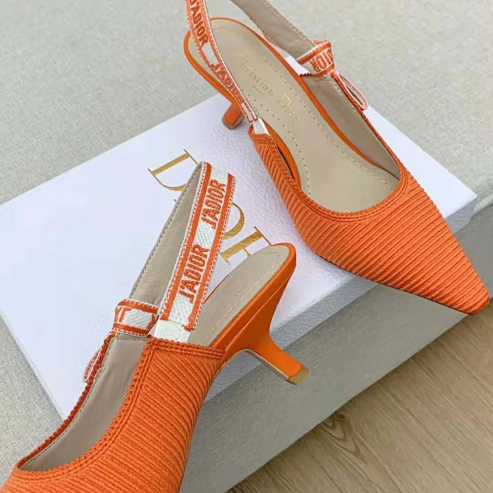 Dior J Adior Slingback Pump Bright Orange Cotton Embroidery for Women