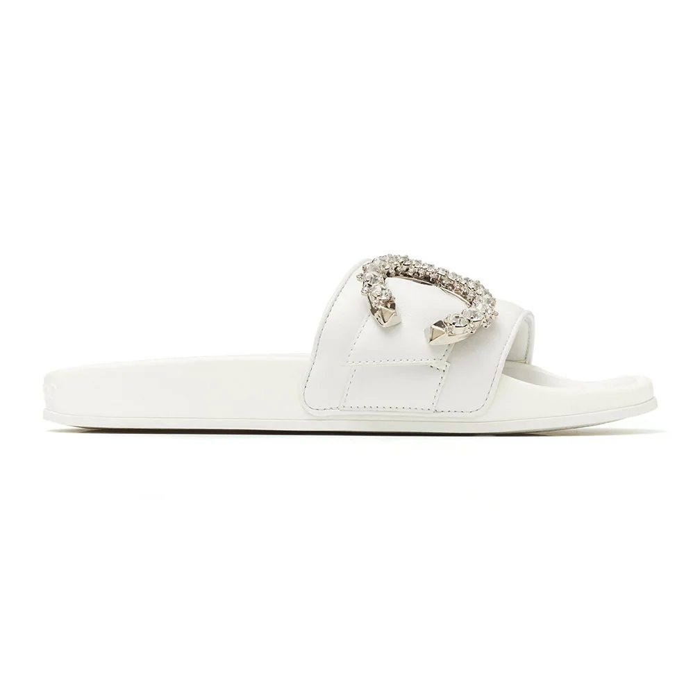 Jimmy Choo Fallon White Nappa Leather Slides with Crystal Buckle for Women Jimmy Choo Fallon White Nappa Leather Slides with Crystal Buckle for Women
