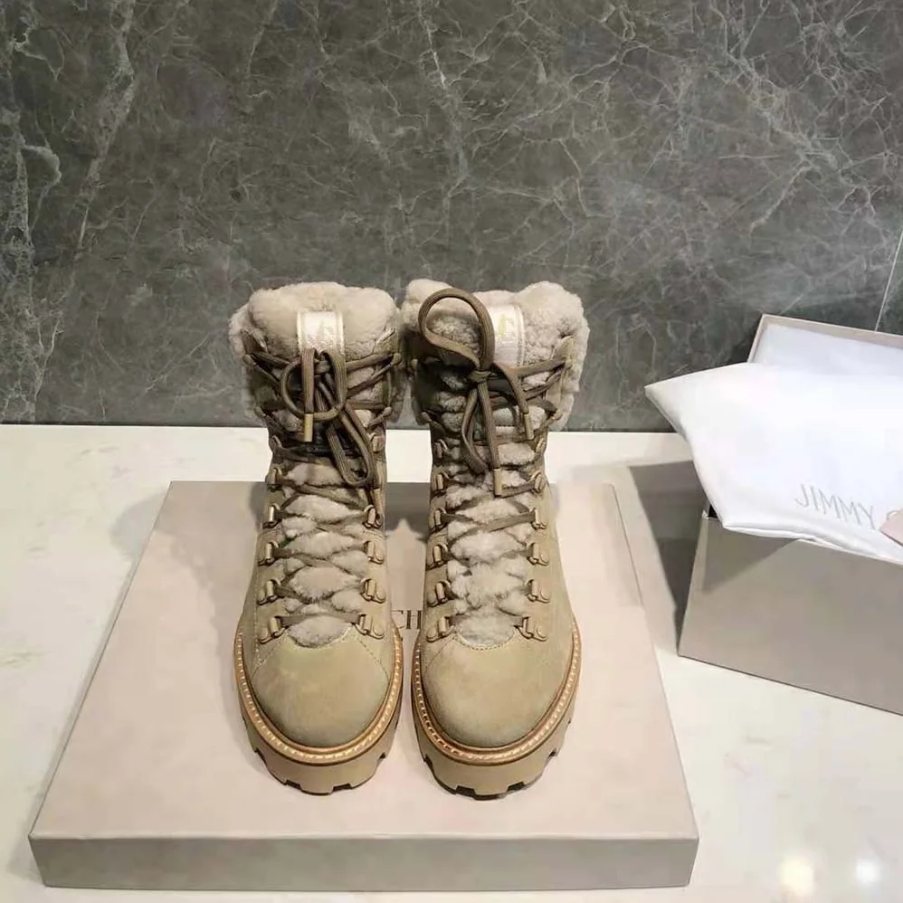 Jimmy Choo Eshe Flat Shearling Stucco Suede Hiking Boots for Women Jimmy Choo Eshe Flat Shearling Stucco Suede Hiking Boots for Women