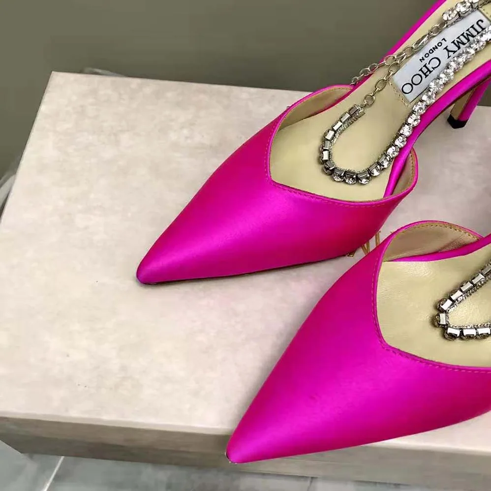 Jimmy Choo Saeda 100 Fuchsia Satin Pumps with Crystal Embellishment for Women Jimmy Choo Saeda 100 Fuchsia Satin Pumps with Crystal Embellishment for Women
