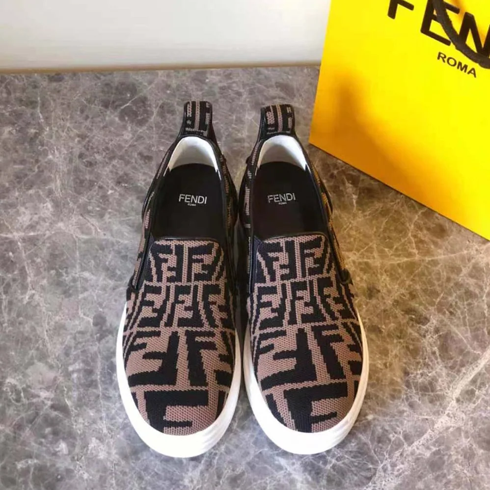 Fendi Rise Brown Fabric Slip Ons for Women
