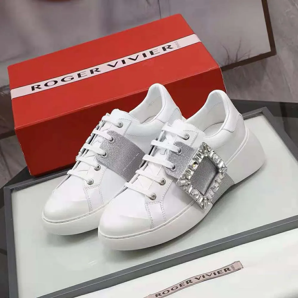 Roger Vivier Viv' Skate Glitter Strass Buckle Sneakers in Soft Leather for Women in Silver Roger Vivier Viv' Skate Glitter Strass Buckle Sneakers in Soft Leather for Women in Silver