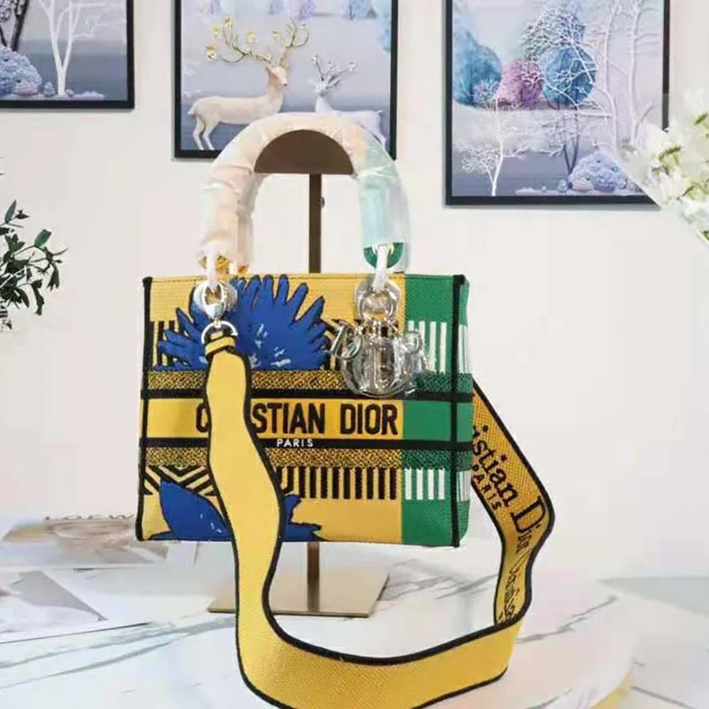 Dior Medium Lady D-lite Bag Bright Yellow and Green D for Women in Flower Pop Embroidery Dior Medium Lady D-lite Bag Bright Yellow and Green D for Women in Flower Pop Embroidery