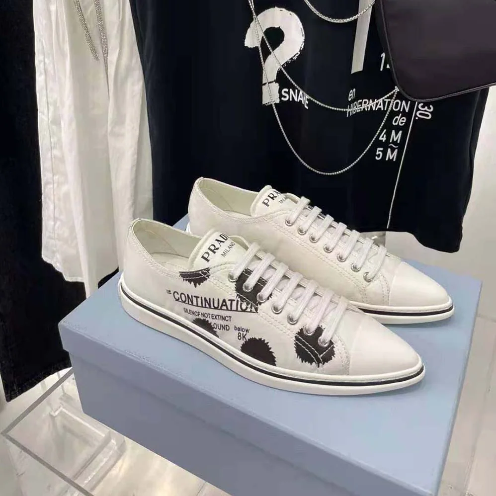 Prada Printed Cotton Gabardine Sneakers for Women in White Prada Printed Cotton Gabardine Sneakers for Women in White