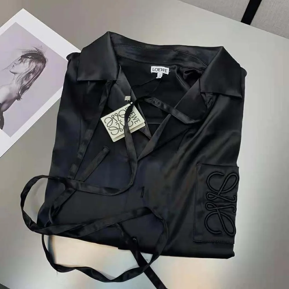 Loewe Anagram Embroidered Pyjama Blouse in Satin for Women in Black Loewe Anagram Embroidered Pyjama Blouse in Satin for Women in Black
