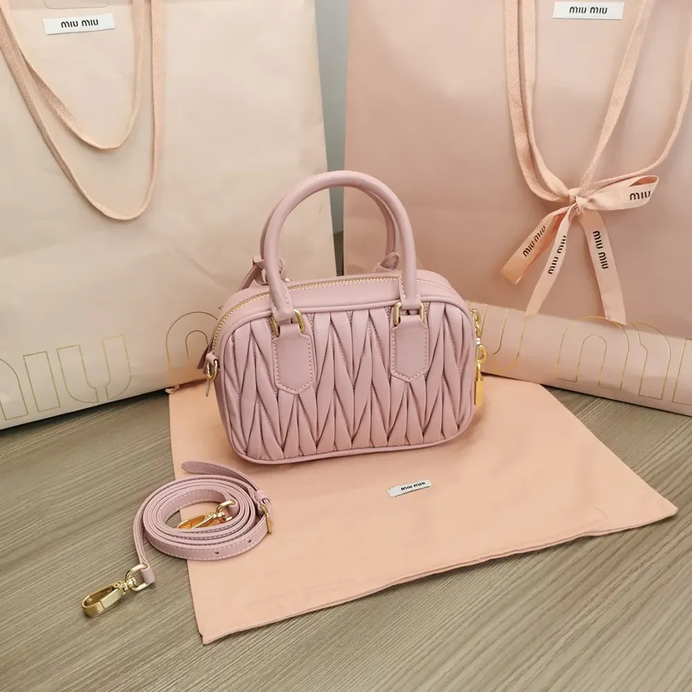 Miu Miu Arcadie Matelassé Nappa Leather Bag for Women in Alabaster Pink Miu Miu Arcadie Matelassé Nappa Leather Bag for Women in Alabaster Pink