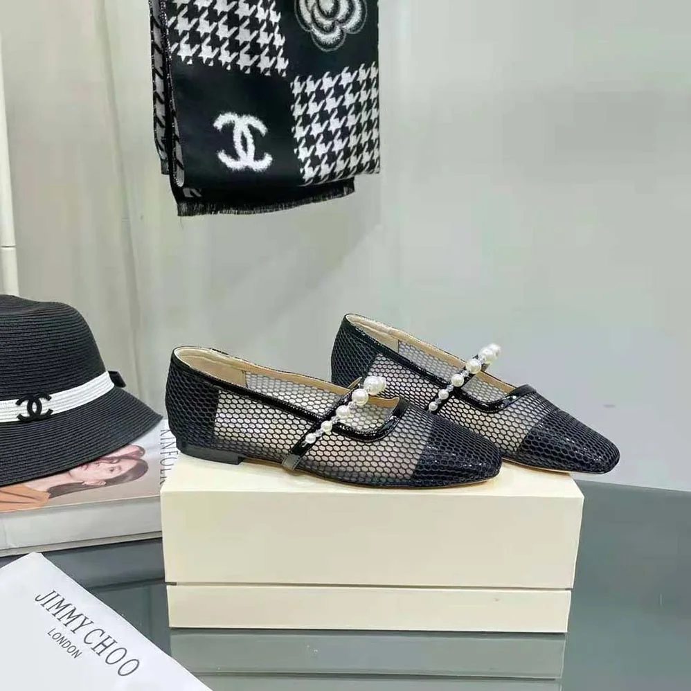 Jimmy Choo Ade Flat Black Fishnet Mesh and Nappa Flats with Pearl for Women in Embellished Strap Jimmy Choo Ade Flat Black Fishnet Mesh and Nappa Flats with Pearl for Women in Embellished Strap