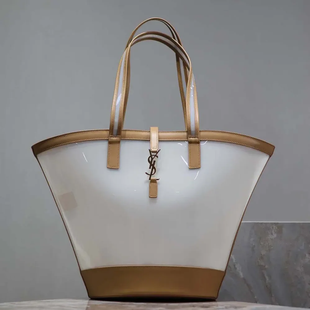 Saint Laurent YSL Panier Medium in Vinyl and Vegetable-tanned Leather for Women in Beige