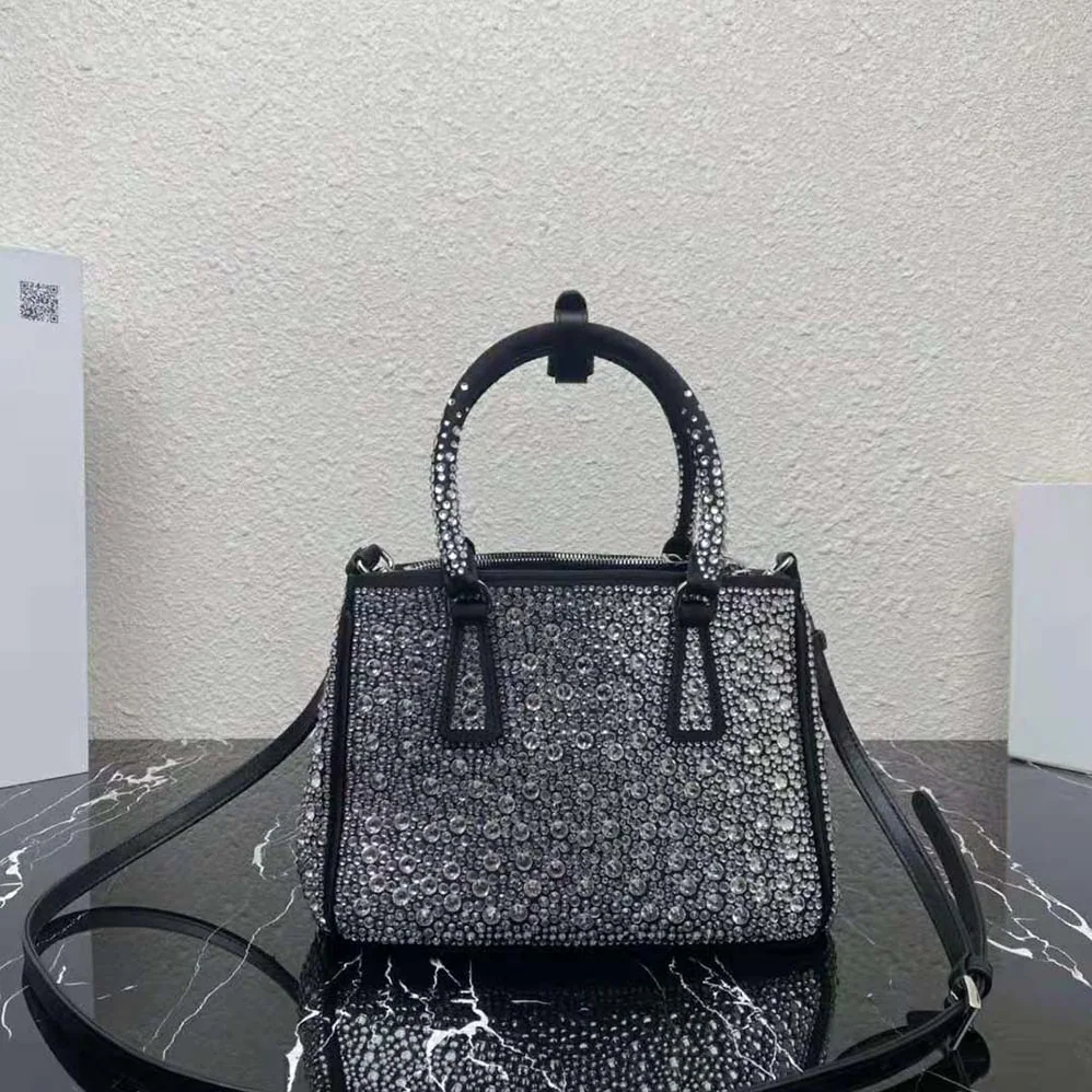 Prada Galleria Satin Mini-Bag with Crystals for Women in Black Prada Galleria Satin Mini-Bag with Crystals for Women in Black