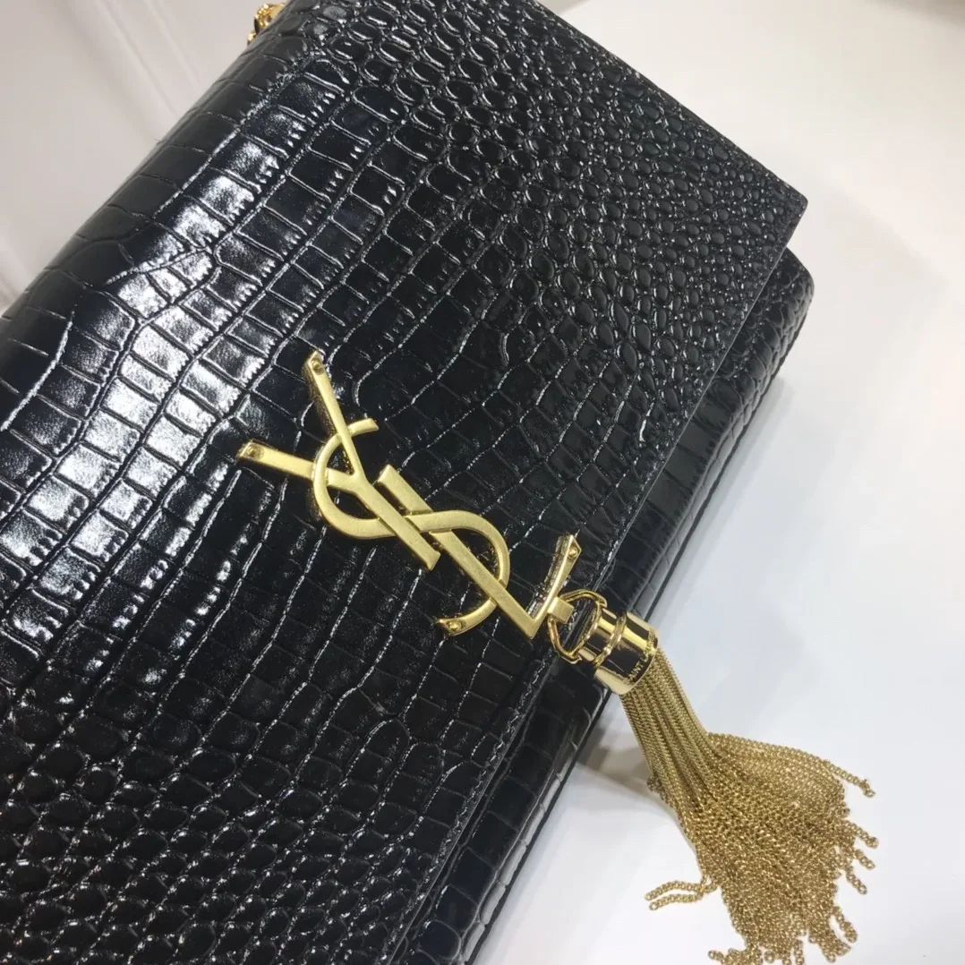 Saint Laurent Kate Medium Chain Bag With Tassel In Embossed Crocodile Black in YSL Saint Laurent Kate Medium Chain Bag With Tassel In Embossed Crocodile Black in YSL