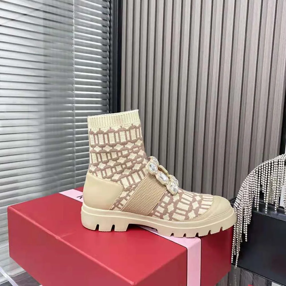Roger Vivier Walky Viv' Rhinestone Buckle Socks Ankle Boots in Fabric for Women in Beige