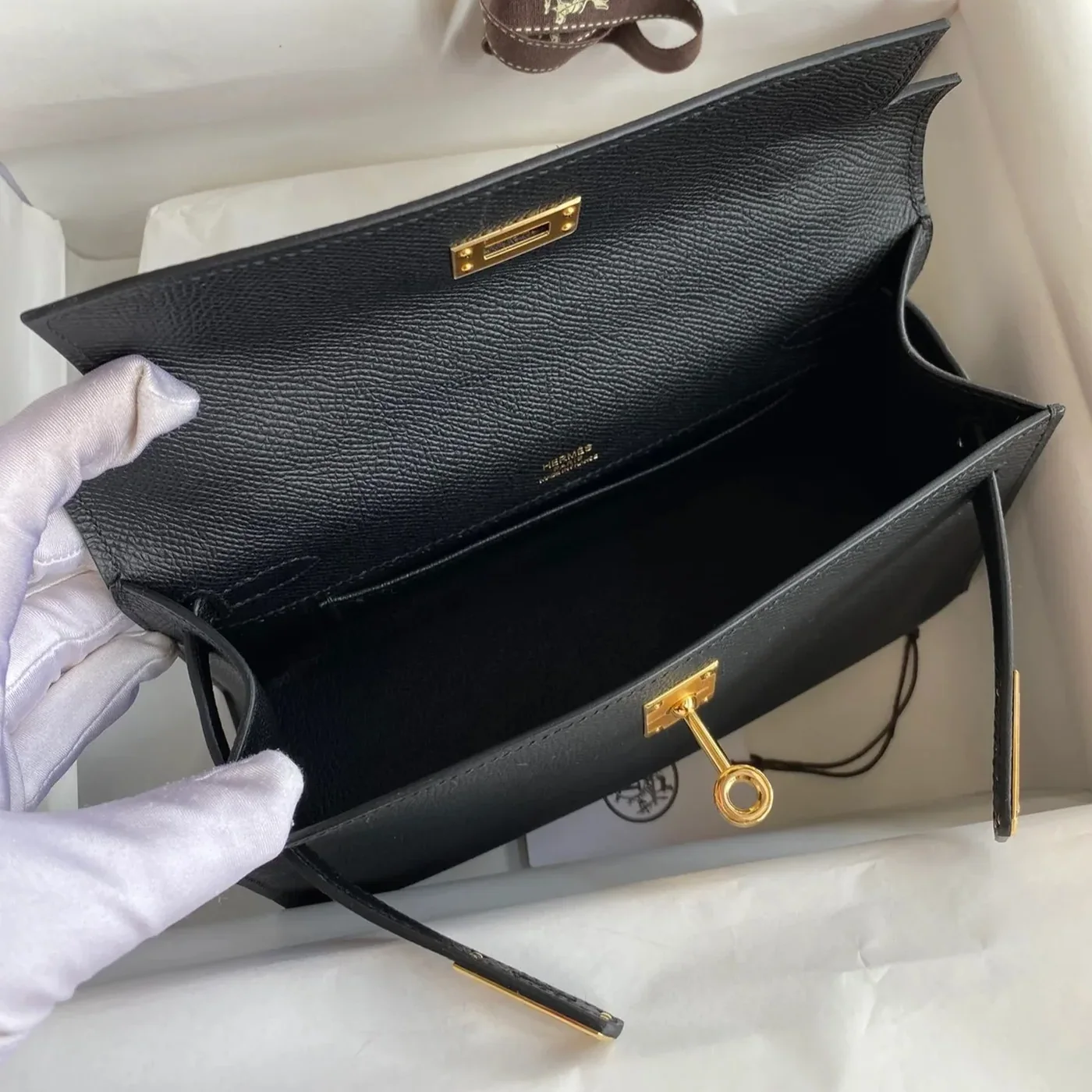 Hermes Kelly Pochette Top Handle Bag in Noir Epsom Gold Hardware Hermes Kelly Pochette Top Handle Bag in Noir Epsom Gold Hardware