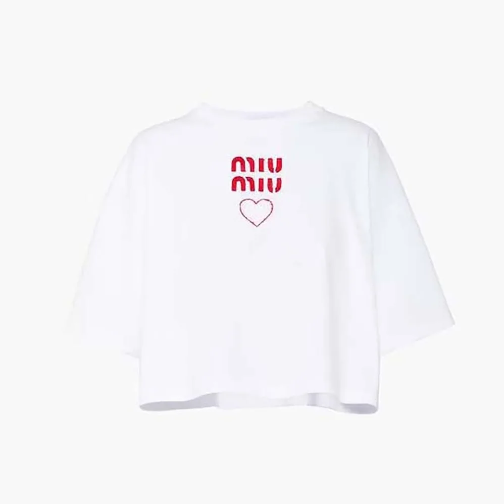 Miu Miu Embroidered Cotton Jersey T-shirt with Contrasting Logo for Women in White