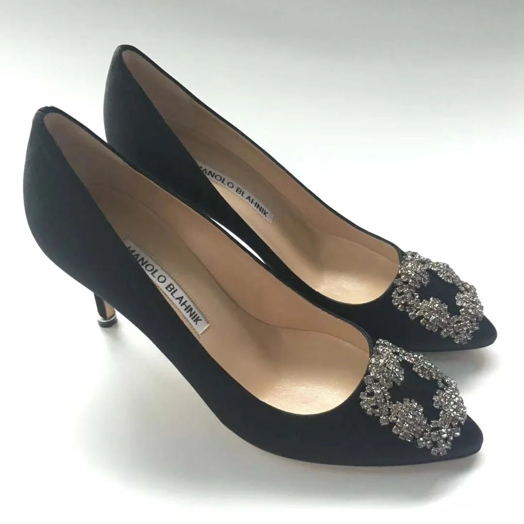 Manolo Blahnik Hangisi 70 Satin Jewel Buckled Pumps Shoes for Women in Black Manolo Blahnik Hangisi 70 Satin Jewel Buckled Pumps Shoes for Women in Black