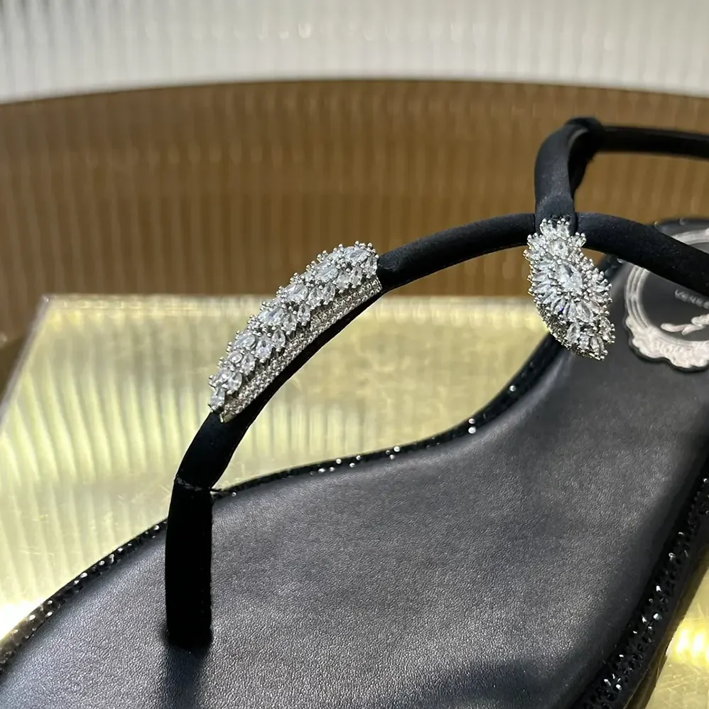 Rene Caovilla Serpente Black Thong Sandal 10 for Women
