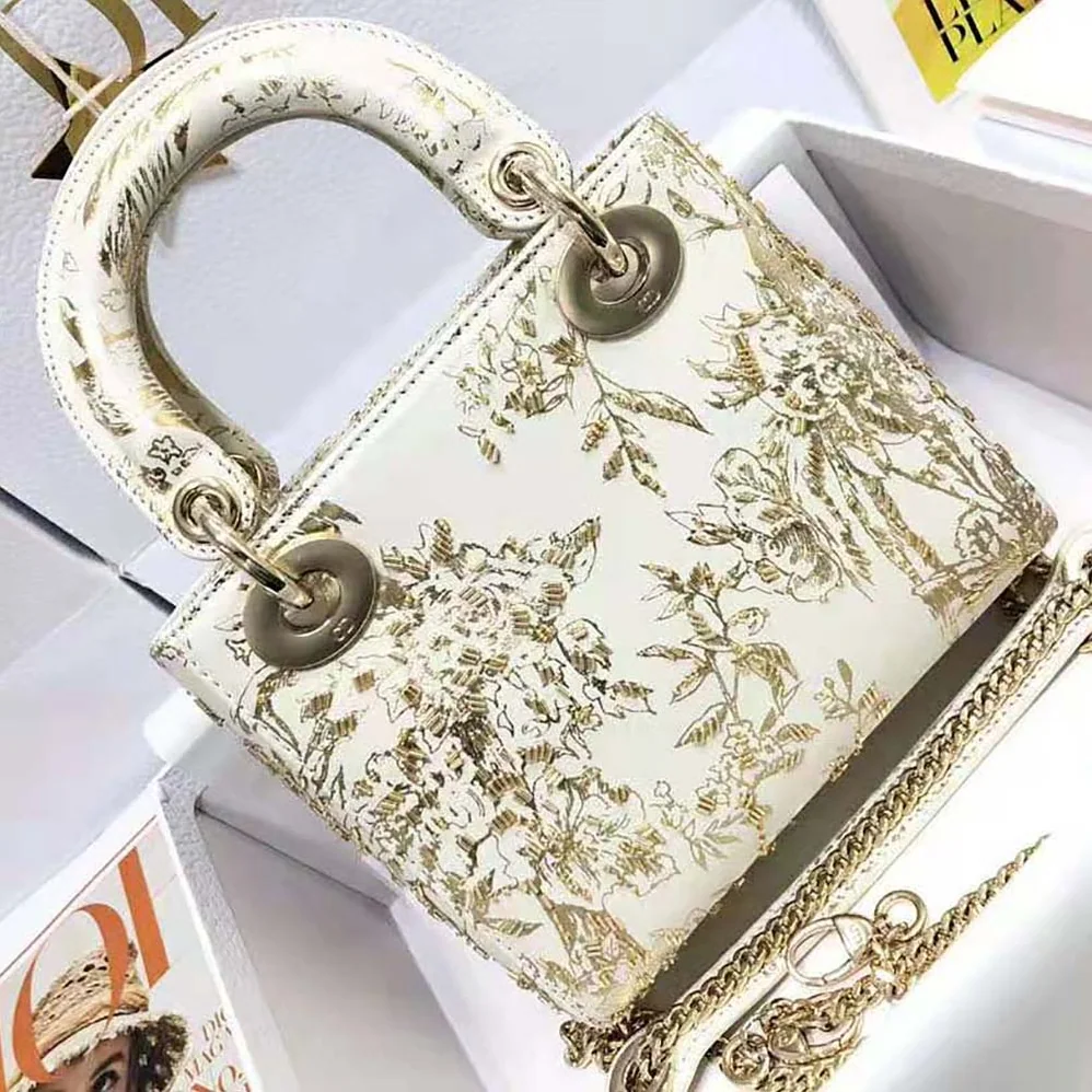 Dior Mini Lady Dior Bag White Calfskin with Gold-Tone Printed and Bead-Embroidered Dior Jardin D'Hiver Motif for Women Dior Mini Lady Dior Bag White Calfskin with Gold-Tone Printed and Bead-Embroidered Dior Jardin D'Hiver Motif for Women