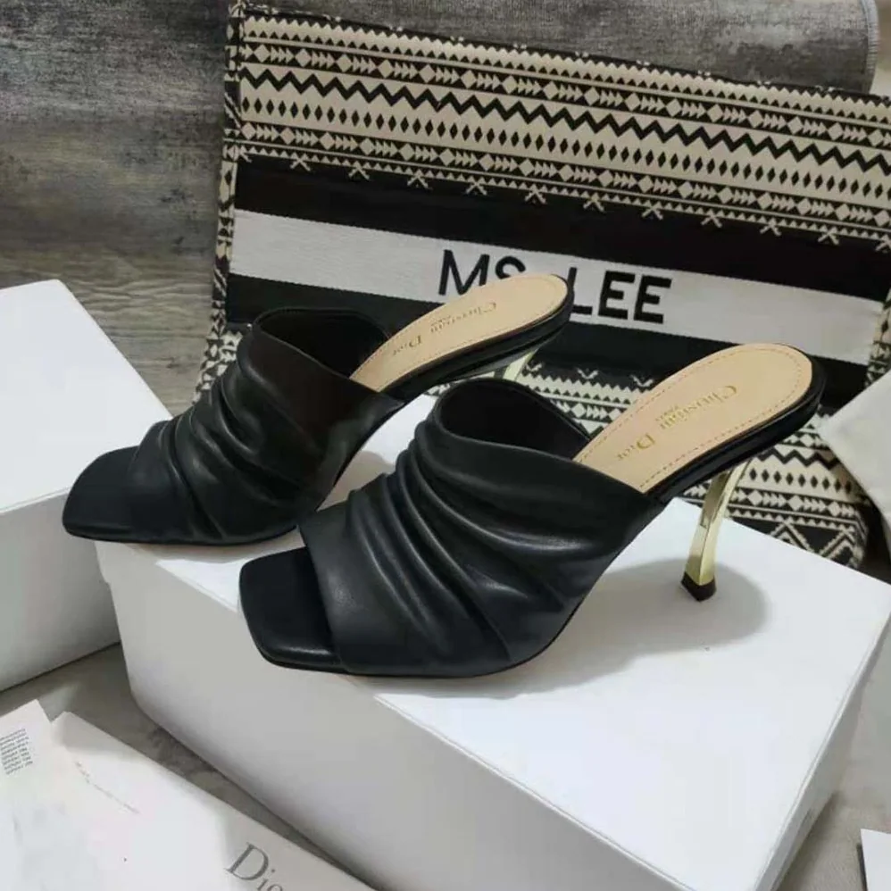 Dior D-Fame Heeled Sandal Black Pleated Lambskin for Women