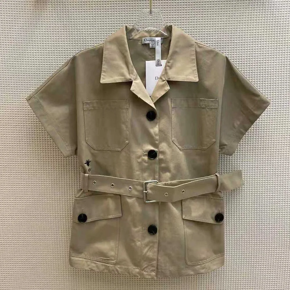 Dior Short-Sleeved Belted Jacket Beige Cotton Gabardine for Women