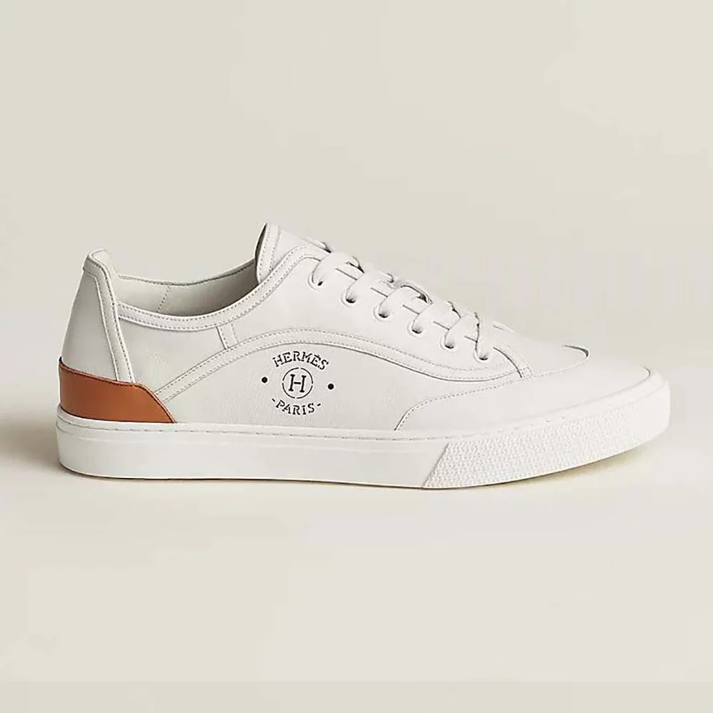 Hermes Get Sneaker in Calfskin with Signature “Hermès Paris” Stencil for Unisex in White Hermes Get Sneaker in Calfskin with Signature “Hermès Paris” Stencil for Unisex in White