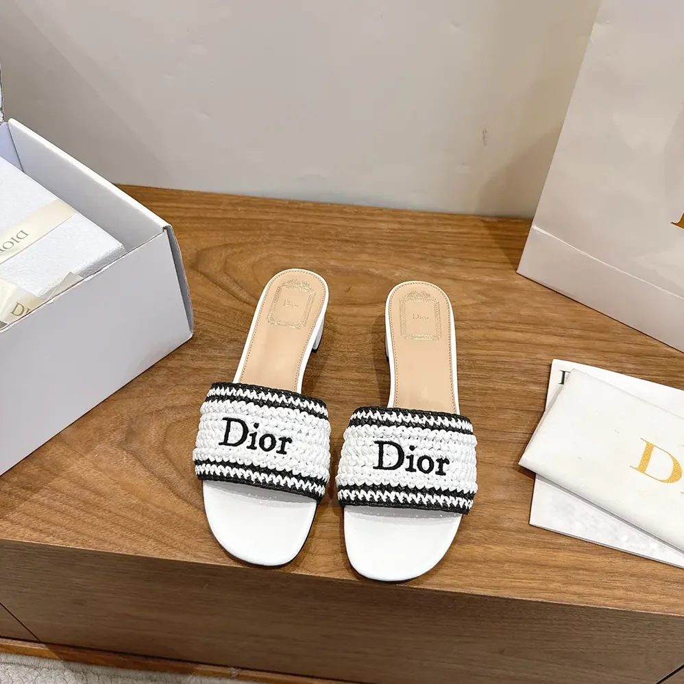 Dior Dioriviera Dior Woven Heeled Slide White Crocheted Raffia for Women in Effect Technical Fabric