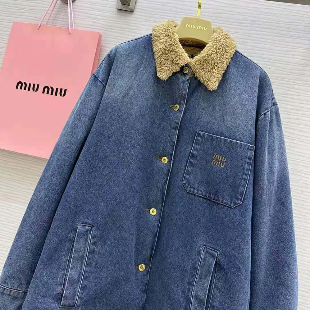 Miu Miu Embroidered Denim Blouson Jacket with Embroidered Logo for Women