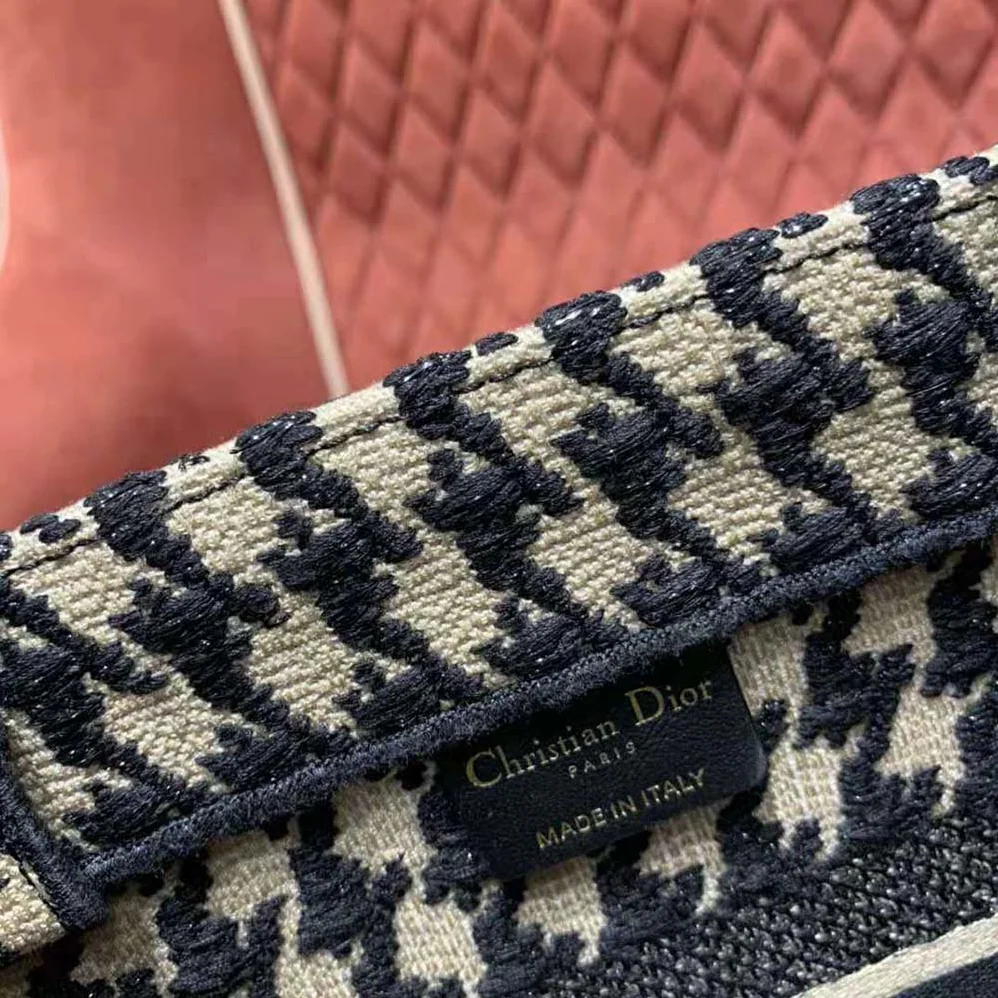 Dior Small Dior Book Tote Black Houndstooth Embroidery for Women