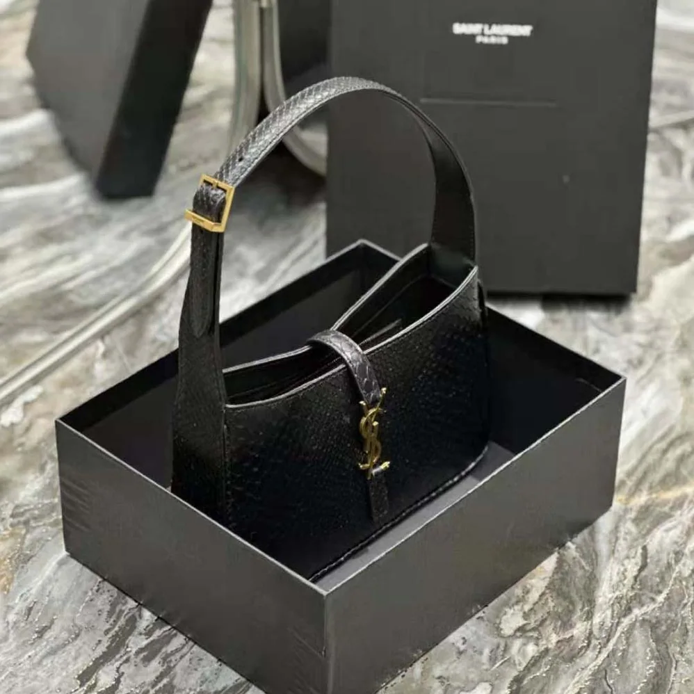 Saint Laurent YSL Le 5 A 7 Hobo Bag in Lizard Shiny Leather for Women in Black Saint Laurent YSL Le 5 A 7 Hobo Bag in Lizard Shiny Leather for Women in Black