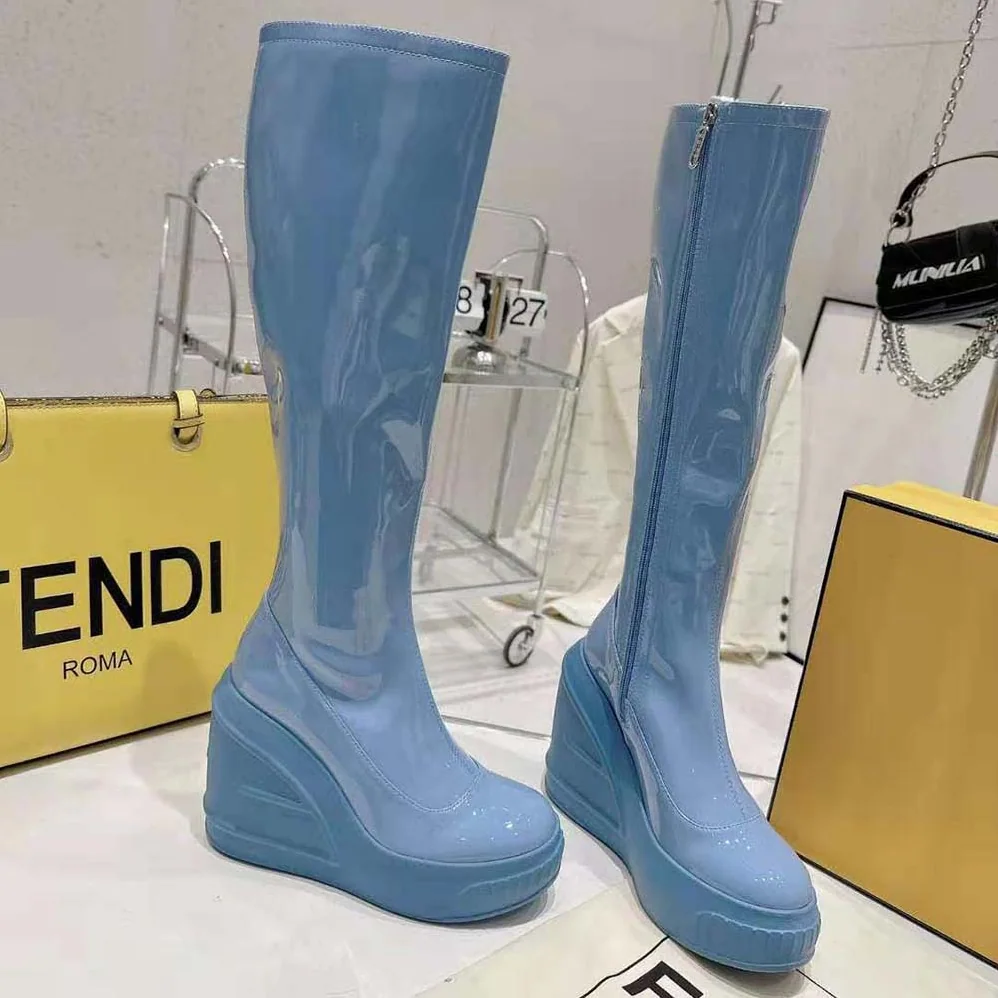 Fendi Fashion Show Blue Patent Leather Boots for Women