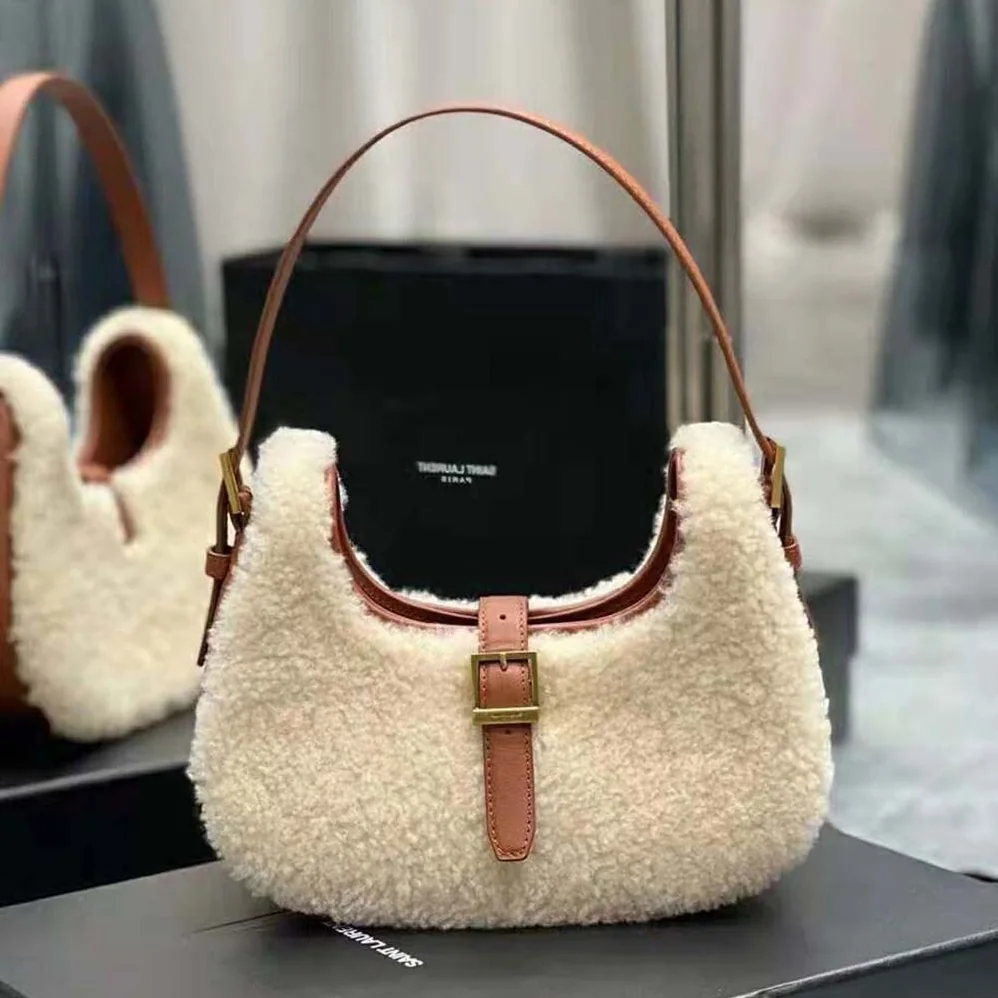Saint Laurent YSL Le Fermoir Hobo Bag in Merino Shearling for Women Saint Laurent YSL Le Fermoir Hobo Bag in Merino Shearling for Women