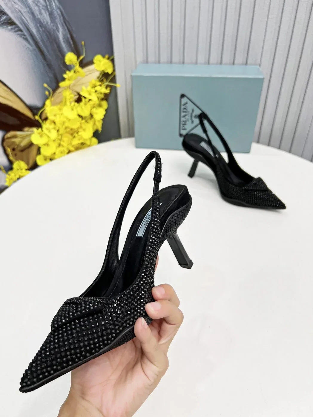 Prada Satin Slingback Pumps With Crystals Black in PRD